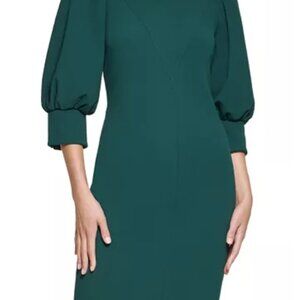 Calvin Klein Geen Crepe Crew Neck short puff sleeve seamed sheath Dress